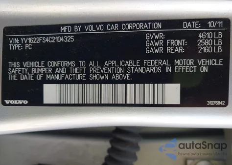 2012 Volvo S60 T5 из США, поврежденный, VIN YV1622FS4C2104325